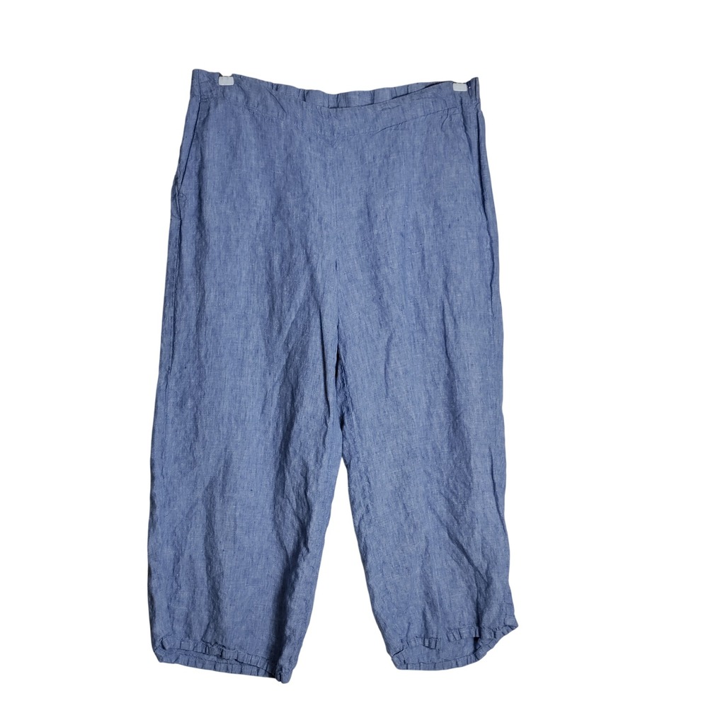 J. Jill Love Linen Blue Wide Leg Crop Pants Women 1X Plus Size 100% Linen